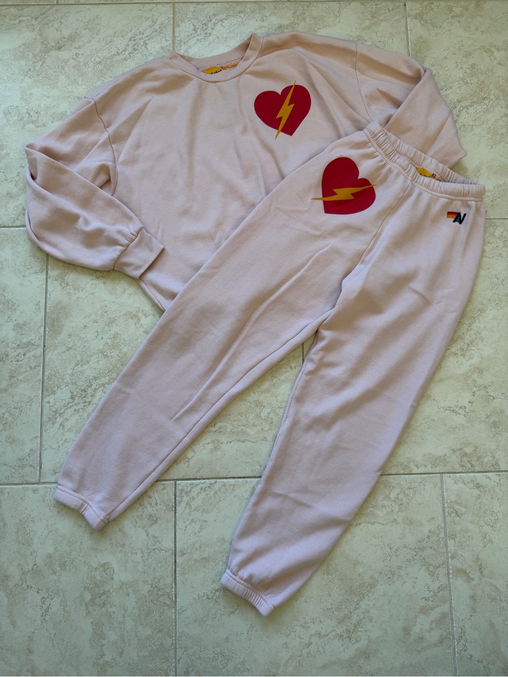 AVIATOR NATION Bolt Heart Pink Sweatshirt Sweatpant Joggers Set